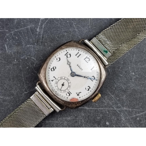 527 - A 1920s trench style Rolco silver manual wind wristwatch, 31mm, Ref. 101800 246, on contemporary mes... 