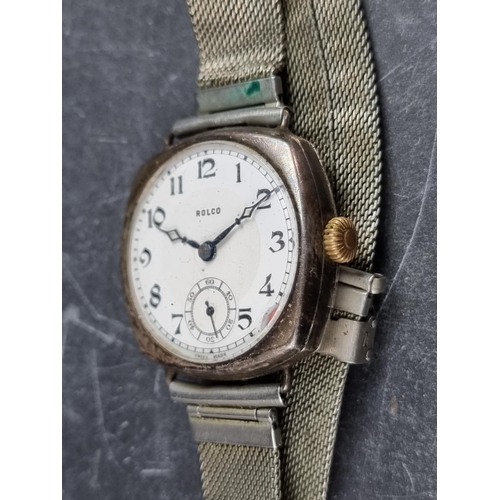 527 - A 1920s trench style Rolco silver manual wind wristwatch, 31mm, Ref. 101800 246, on contemporary mes... 