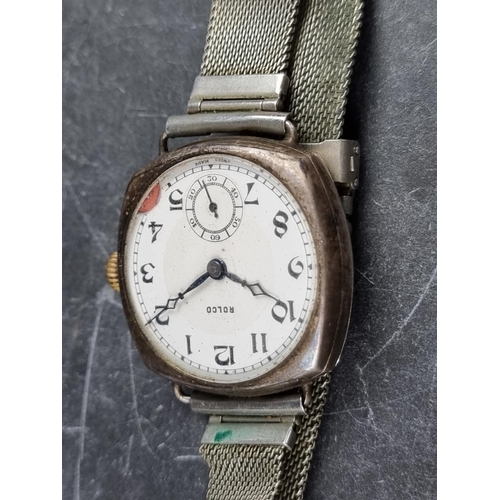 527 - A 1920s trench style Rolco silver manual wind wristwatch, 31mm, Ref. 101800 246, on contemporary mes... 