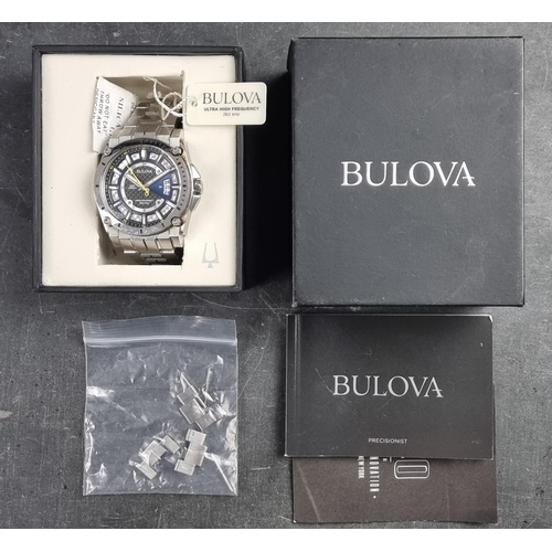 528 - A Bulova 'Precisionist' stainless steel quartz wristwatch, black carbon dial, 46.5mm, Ref 96B131, on... 