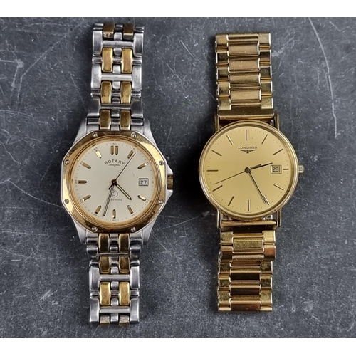 534 - A Longines gold plated quartz wristwatch, 33mm, on replacement bracelet; together with a similar Rot... 