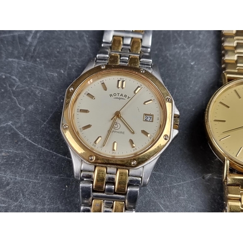 534 - A Longines gold plated quartz wristwatch, 33mm, on replacement bracelet; together with a similar Rot... 