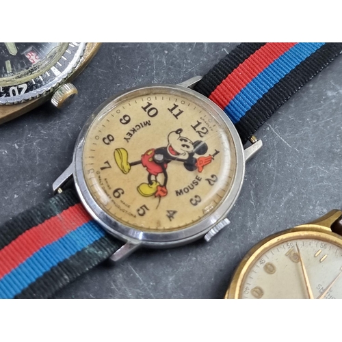 541 - A 1970s Bradley 'Walt Disney Productions' Mickey Mouse stainless steel manual wind wristwatch; toget... 