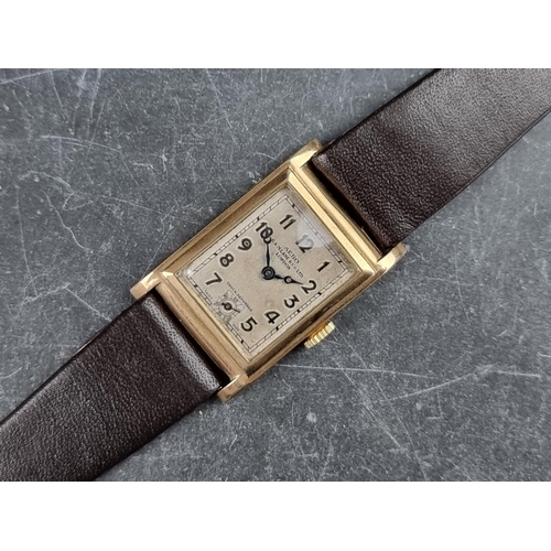 557 - An Art Deco Aero 'Tank' 9ct gold manual wind wristwatch, 23mm x 30mm, Case ref. 99768, on later brow... 