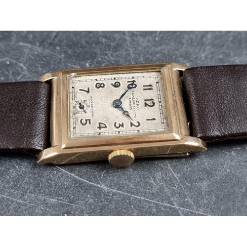 557 - An Art Deco Aero 'Tank' 9ct gold manual wind wristwatch, 23mm x 30mm, Case ref. 99768, on later brow... 