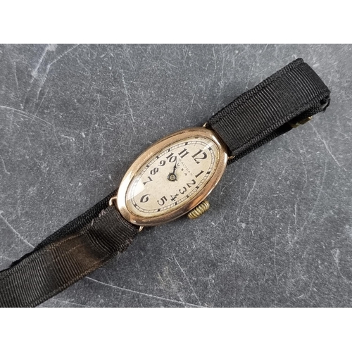 559 - An Art Deco Waltham 9ct gold manual wind ladies wristwatch, 16mm x 27mm, on contemporary nylon strap... 