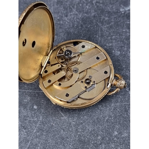 577 - A 19th century continental yellow metal open face key wind fob watch, stamped 18k, 36mm... 