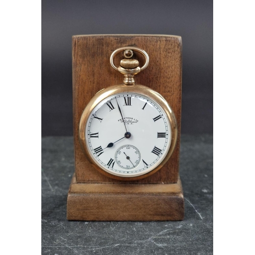 578 - A 9ct gold open face stem wind pocket watch, the dial signed 'Prestons Ltd, Waltham USA', 50mm, the ... 