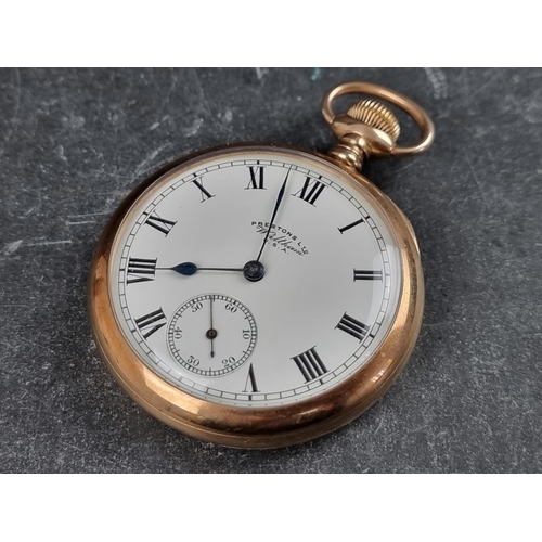 578 - A 9ct gold open face stem wind pocket watch, the dial signed 'Prestons Ltd, Waltham USA', 50mm, the ... 