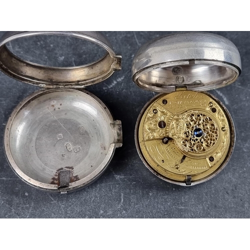 579 - A George IV silver open face pair cased fusee key wind pocket watch, by Latch, Newport, No.12719, th... 