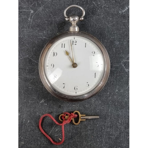 583 - A George III silver open face pair cased verge key wind pocket watch, by John Crosswell, London , th... 