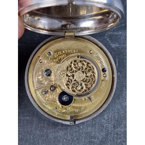 583 - A George III silver open face pair cased verge key wind pocket watch, by John Crosswell, London , th... 