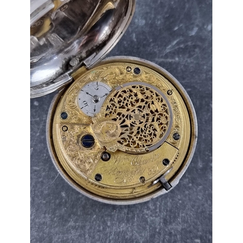 584 - A George III silver open face pair case fusee key wind pocket watch, by William Clarke, Morpeth, No,... 