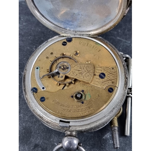 586 - A late 19th century American silver open face key wind pocket watch, by Farringdon J, Waltham Massac... 