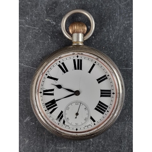 588 - A circa 1940 Admiralty Pat.300 nickel plated stem wind open face pocket watch, Serial No.33409, 53mm... 