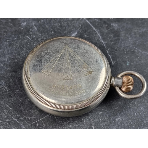 588 - A circa 1940 Admiralty Pat.300 nickel plated stem wind open face pocket watch, Serial No.33409, 53mm... 