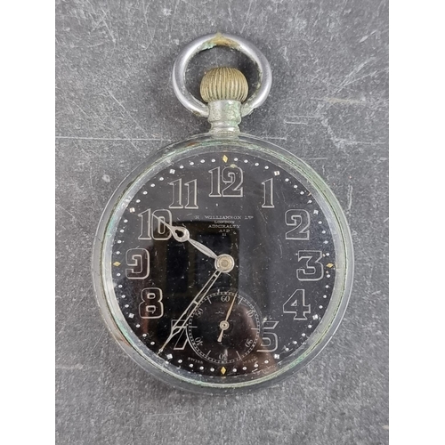 589 - A WWI Admiralty pattern open face stem wind pocket watch, the black dial inscribed 'H Wilkinson', 50... 