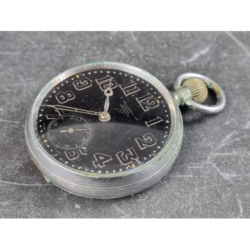 589 - A WWI Admiralty pattern open face stem wind pocket watch, the black dial inscribed 'H Wilkinson', 50... 