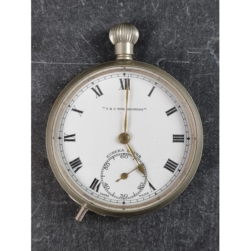 592 - An unusual nickel plated stem wind S & S  'Eureka Lever' time recorder watch, 49mm.... 