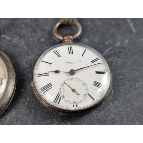 593 - A Swiss white metal stem wind open face pocket watch, stamped .875, 49mm, the dustcover inscribed H ... 