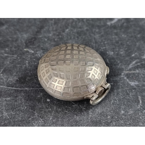 594 - A vintage Swiss nickel plated stem wind hunter cased pocket watch, of stylised golf ball form, 37mm.... 