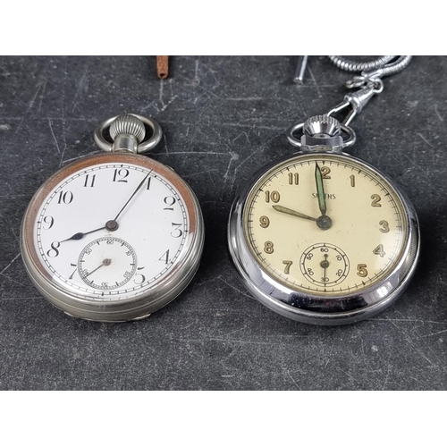 598 - A vintage Smiths chrome plated stem wind open face pocket watch, 51mm; together with three other ope... 