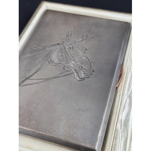 67 - A silver engine turned cigarette case, engraved horse's head, by A Wilcox, Birmingham 1938, in Aspre... 