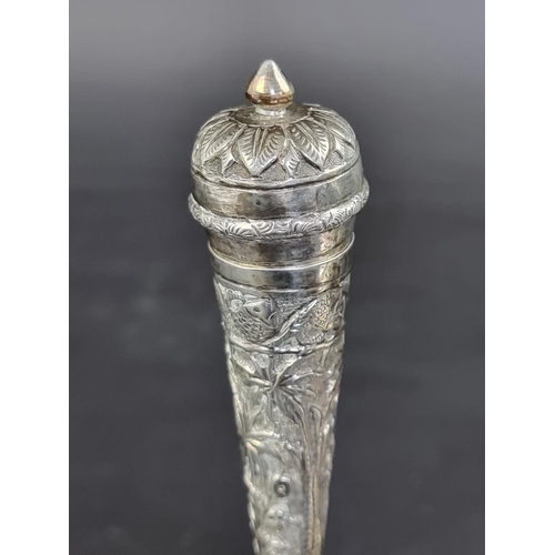 77 - An Eastern white metal rosewater bottle, 19.5cm high; together with an Eastern white metal plated va... 