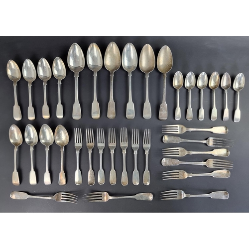 78 - A matched part canteen of silver fiddle pattern cutlery, different makers and dates, 1773g. (35)... 