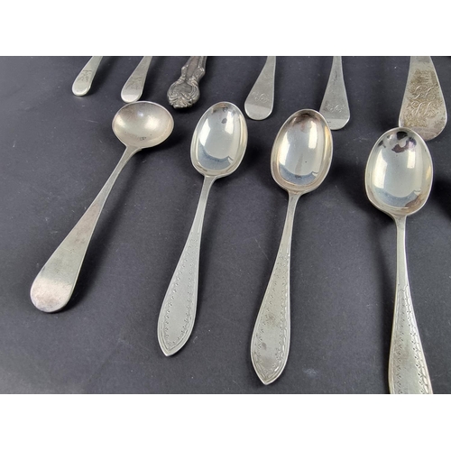 86 - Sixteen various silver spoons, 264g; together with a white metal fork. (17)