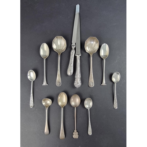 89 - Nine various silver spoons; together with two silver handled letter knives; and a metal spoon, 114g ... 