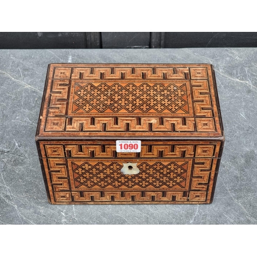 1090 - A Victorian parquetry tea caddy, 24.5cm wide.