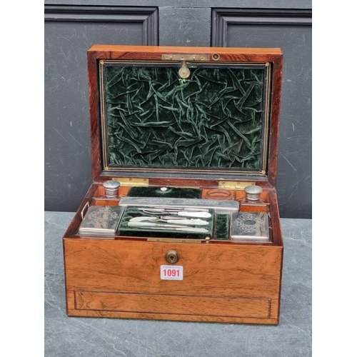 1091 - A Victorian rosewood toilet box, with silver plated fittings, bearing brass plaque inscribed 'Mechi ... 