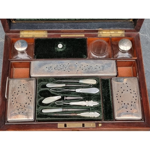 1091 - A Victorian rosewood toilet box, with silver plated fittings, bearing brass plaque inscribed 'Mechi ... 