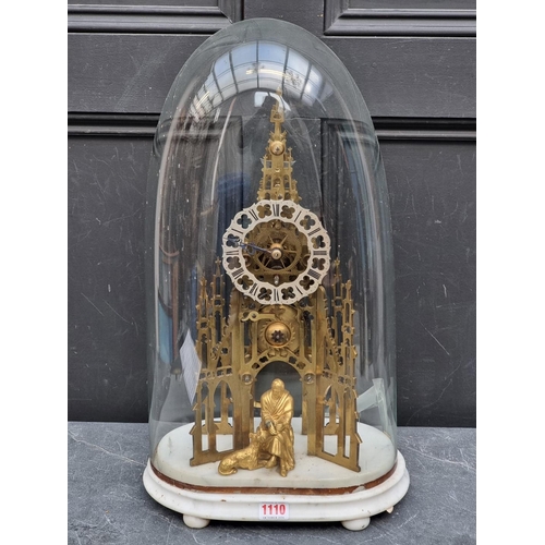 1110 - A Victorian brass 'Scott's Monument' fusee skeleton timepiece, on white marble base with g... 