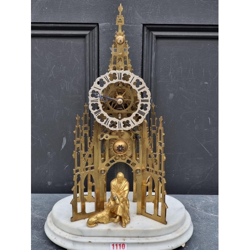 1110 - A Victorian brass 'Scott's Monument' fusee skeleton timepiece, on white marble base with g... 