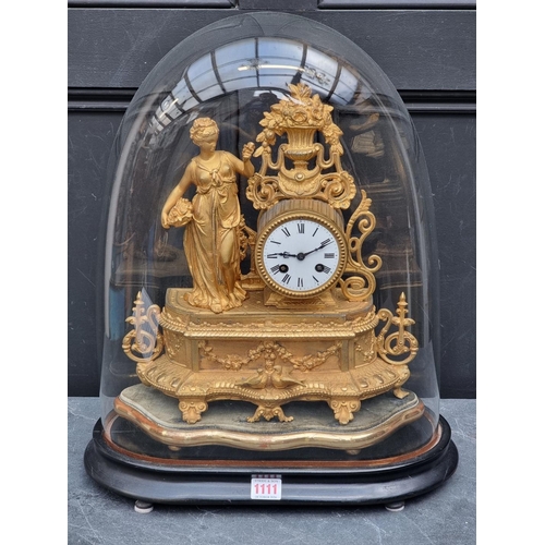 1111 - A Victorian gilt spelter mantle clock, 34cm high, on giltwood stand, with further ebonized stand and... 