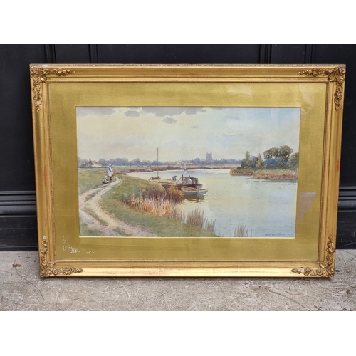 1203 - Warren Williams, children by a barge on a river, signed, watercolour, 38 x 63cm.