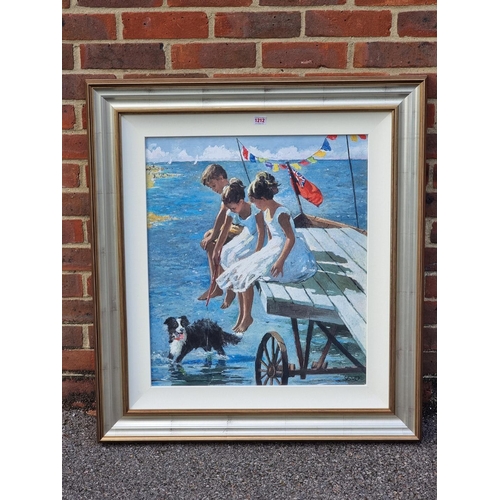 1212 - Sherree Valentine Daines, 'On the Jetty', numbered 2/195, embellished canvas on board, 65 x 56c... 