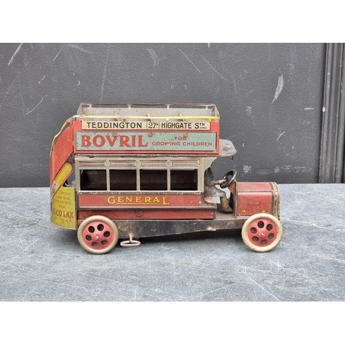 1507 - A rare circa 1920s Burnett clockwork tinplate B type 'General' Omnibus, 22.5cm long, (lacking one fr... 