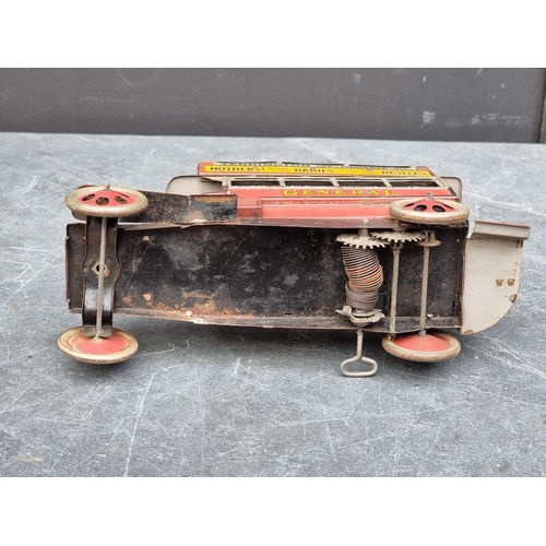 1507 - A rare circa 1920s Burnett clockwork tinplate B type 'General' Omnibus, 22.5cm long, (lacking one fr... 