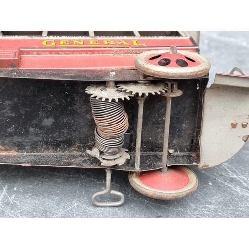 1507 - A rare circa 1920s Burnett clockwork tinplate B type 'General' Omnibus, 22.5cm long, (lacking one fr... 