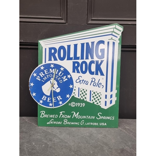 1732 - An enamel 'Rolling Rock Beer' clock sign, with battery movement, 51 x 44.5cm. 