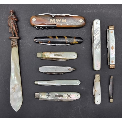 1682 - A mixed group of folding knives and similar, to include some silver bladed examples, (some damage). ... 