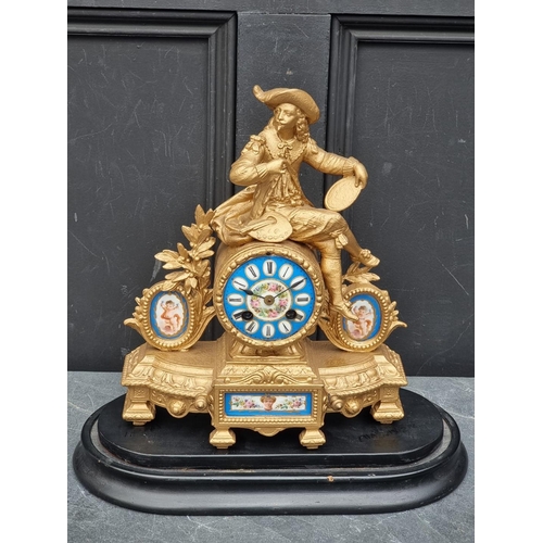 1110A - A late 19th century gilt spelter and Sevres style mantel clock, 32cm high, (with later battery ... 