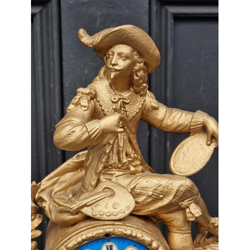 1110A - A late 19th century gilt spelter and Sevres style mantel clock, 32cm high, (with later battery ... 