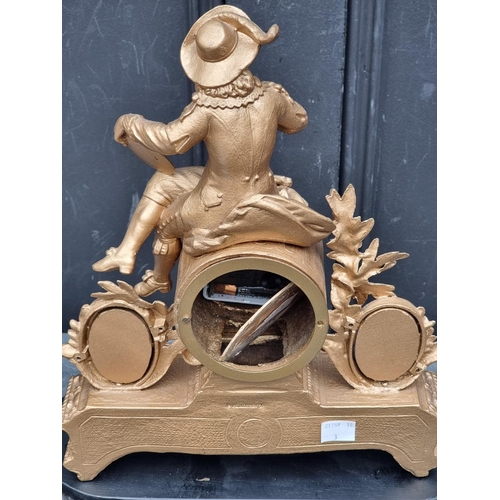 1110A - A late 19th century gilt spelter and Sevres style mantel clock, 32cm high, (with later battery ... 