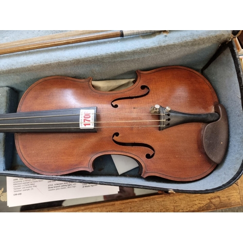 1706 - A good antique Continental violin, with 14in two piece back, with bow and case. ... 