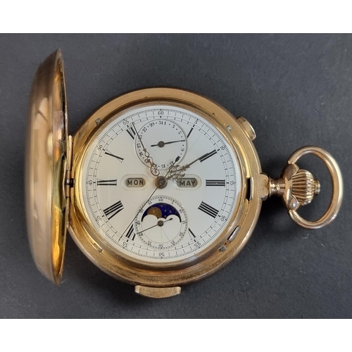 567 - A Le Phare Swiss yellow metal minute repeating annual date chronograph hunter pocket watch, stamped ... 