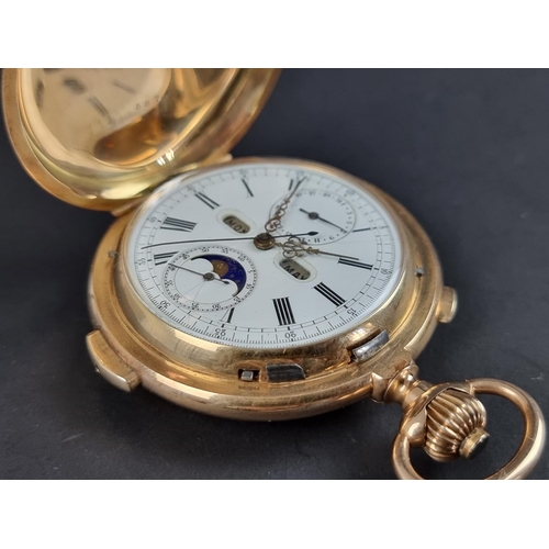 567 - A Le Phare Swiss yellow metal minute repeating annual date chronograph hunter pocket watch, stamped ... 